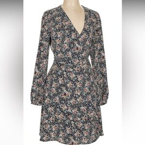 LOFT Floral Wrap Dress Long Sleeve Size 8 Navy Flowers Cottagecore Boho Blue